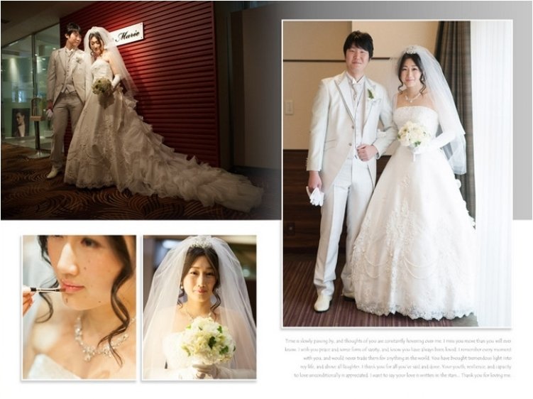 
表紙のお写真、ドラマチックな光の中、向かい合う新婦のふわっとしたベールが婦の表情を演出していて幻想的です。2頁目：結婚式アルバム