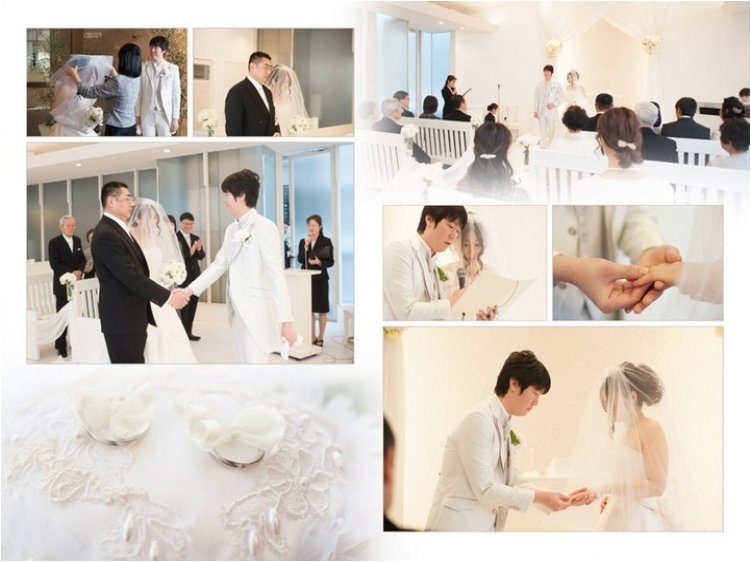 
お似合いのウェディングドレスですが、中のページをめくるとボリュームたっぷりのトレーンも素敵ですよ。3頁目：結婚式アルバム