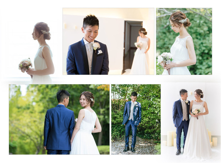 
前撮りは白く輝くチャペル内やグリーンが目に鮮やかなガーデンで。2頁目：結婚式アルバム