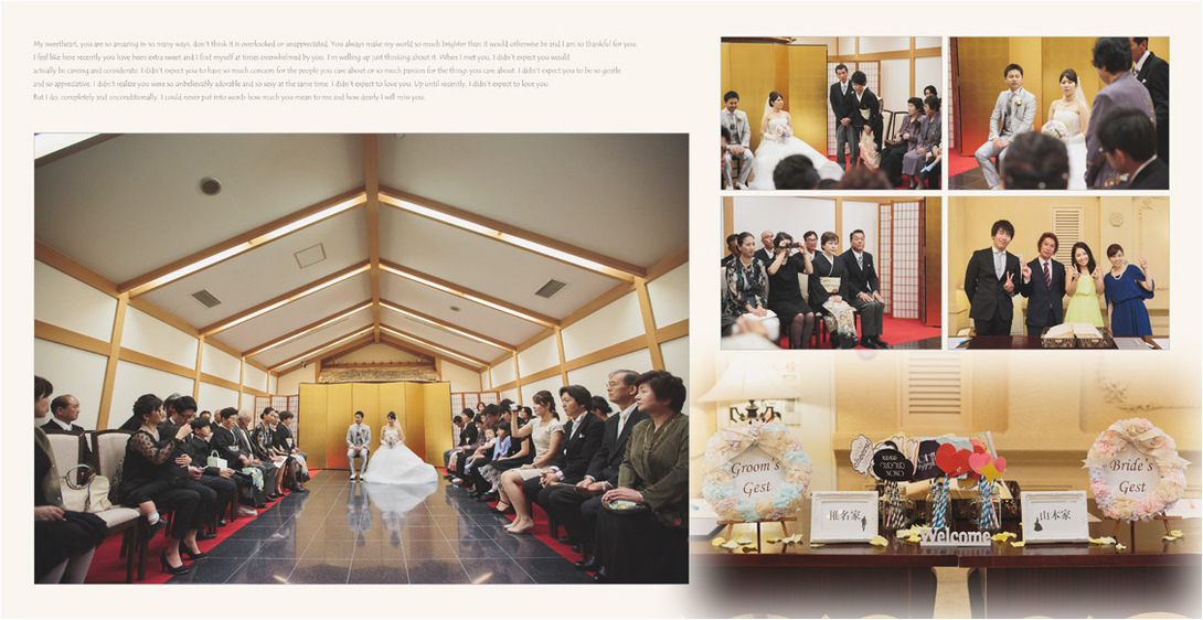 
挙式は荘厳な雰囲気をまとった石造りの教会で。4頁目：結婚式アルバム