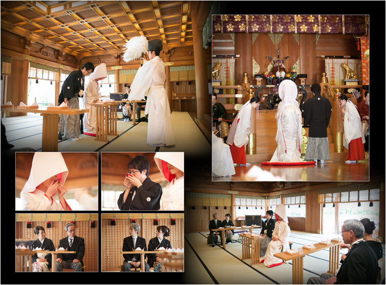 渡り廊下で宮司に迎えられいよいよ挙式が始まります。5頁目：結婚式アルバム