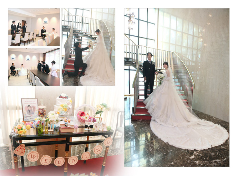 螺旋階段での撮影は新婦のロングトレーンが綺麗になびき、美しいショットになりました。3頁目：結婚式アルバム