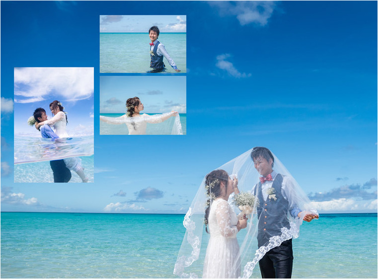 前撮りでは大胆な水中撮影に挑戦し、宮古島の美しい海と空を満喫しました。2頁目：結婚式アルバム