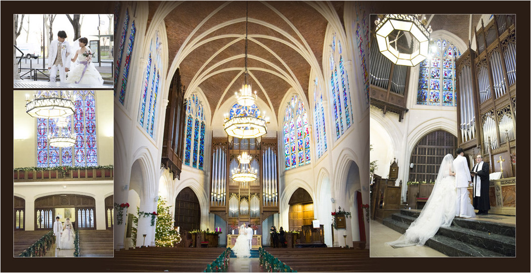 ラージの表紙いっぱいに広がるステンドグラスにきらめくシャンデリアが美しい教会は、セーヌ川のほとりに佇むアメリカンチャーチ。2頁目：結婚式アルバム