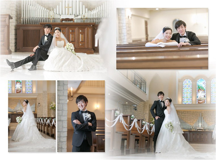 前撮りは、神社でのロケーション撮影は色打掛で、式場での撮影はウエディングドレスでと、そちらも見ごたえがあります。5頁目：結婚式アルバム