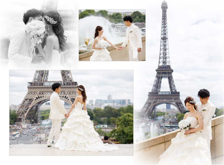 
お二人はエッフェル塔や下町の風景など、パリならではの風景のもと撮影を満喫されたようです。3頁目：結婚式アルバム