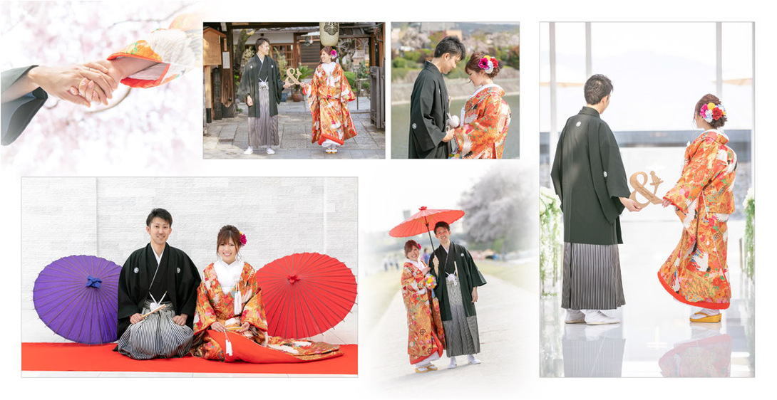 前撮りの和装では鮮やかな朱色の色打掛に紋付袴。2頁目：結婚式アルバム