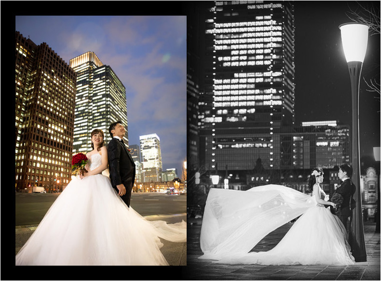 続いての洋装の前撮りはガラリと雰囲気を変えて、東京駅でのナイトロケーションです。5頁目：結婚式アルバム