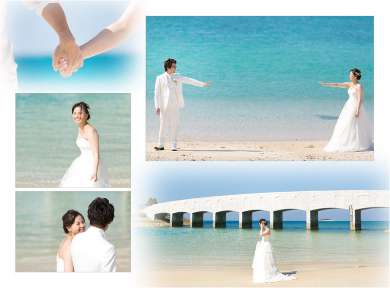 最終ページには、美々ビーチでのお写真をページいっぱいワイドにデザインしてあります。7頁目：結婚式アルバム