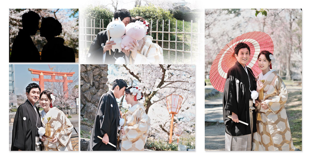 洋装での撮影は桜の花びらが舞い散る中でたなびくベールがロマンチックです。3頁目：結婚式アルバム