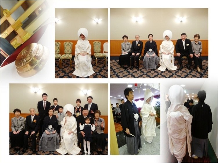 新郎は紋付袴、新婦は白無垢に綿帽子で、きりりと正装されました。2頁目：結婚式アルバム