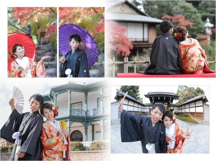 
秋の神戸、紅葉の中での和装のお写真は趣があります。3頁目：結婚式アルバム