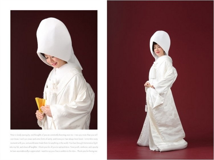 
白無垢のページでは綿帽子姿と伝統的なべっこうの簪をさした日本髪スタイルで撮影されました。6頁目：結婚式アルバム