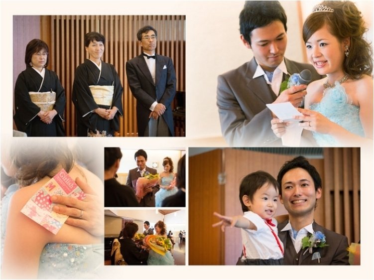 お色直しで着られた水色のドレスも涼しげで素敵です。10頁目：結婚式アルバム