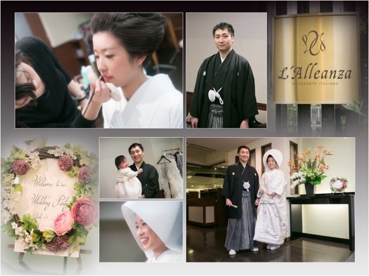 
神田明神で仲睦まじく見つめるお二人の写真が表紙になっています。2頁目：結婚式アルバム