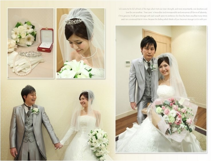 
挙式の厳かな感じが伝わる美しい表紙のお写真ですね。2頁目：結婚式アルバム