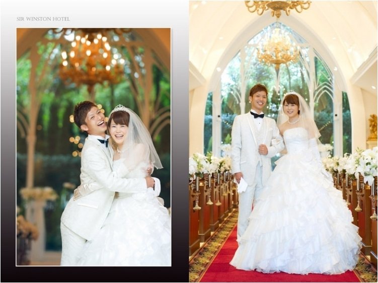 
お二人の純白のタキシードとドレスが映えます。2頁目：結婚式アルバム
