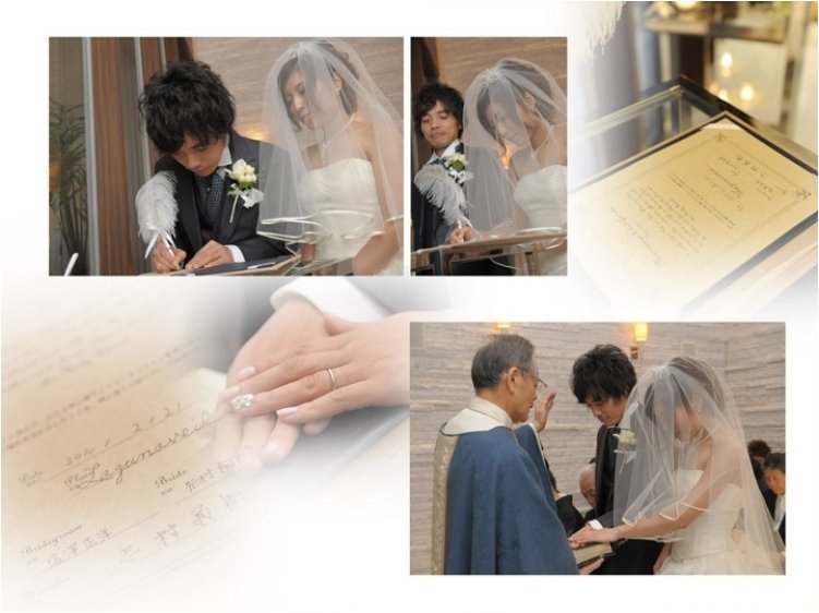
新婦がお母様と手をつなぎ中座するシーンでは、新郎がカメラで写真を撮るなど優しい様子が伝わってきます。5頁目：結婚式アルバム