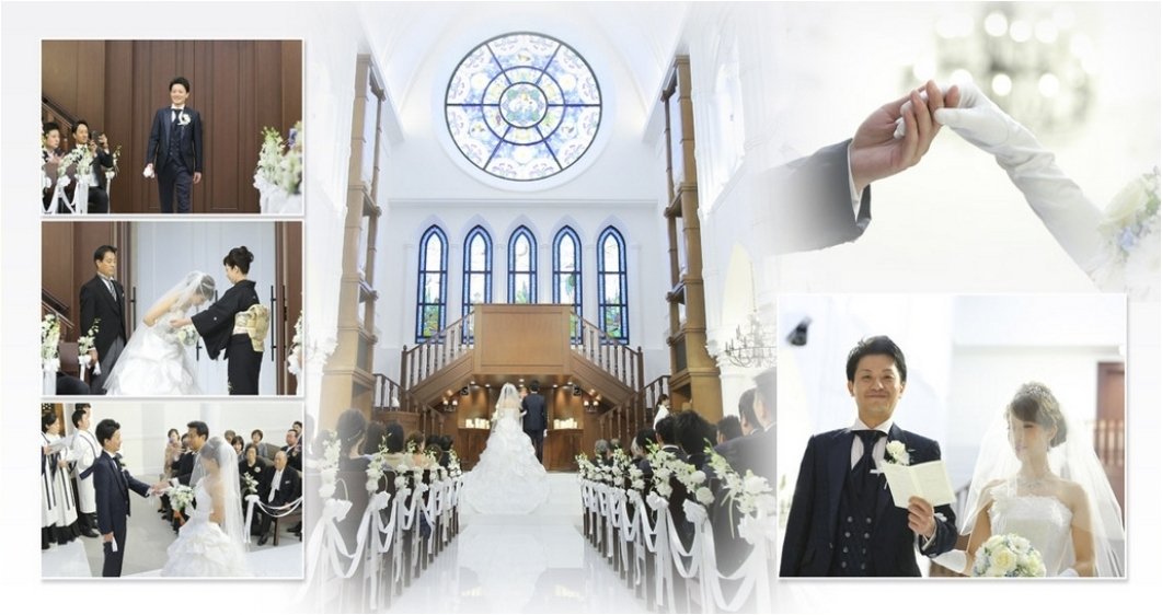 
大聖堂にアーチ型の弧を描く天井の下、正面には丸く美しいステンドグラスが輝きます。5頁目：結婚式アルバム