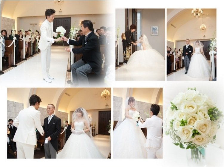 
挙式は新郎がゲストから白いバラを１本ずつ集めながら入場するシーンで始まります。4頁目：結婚式アルバム
