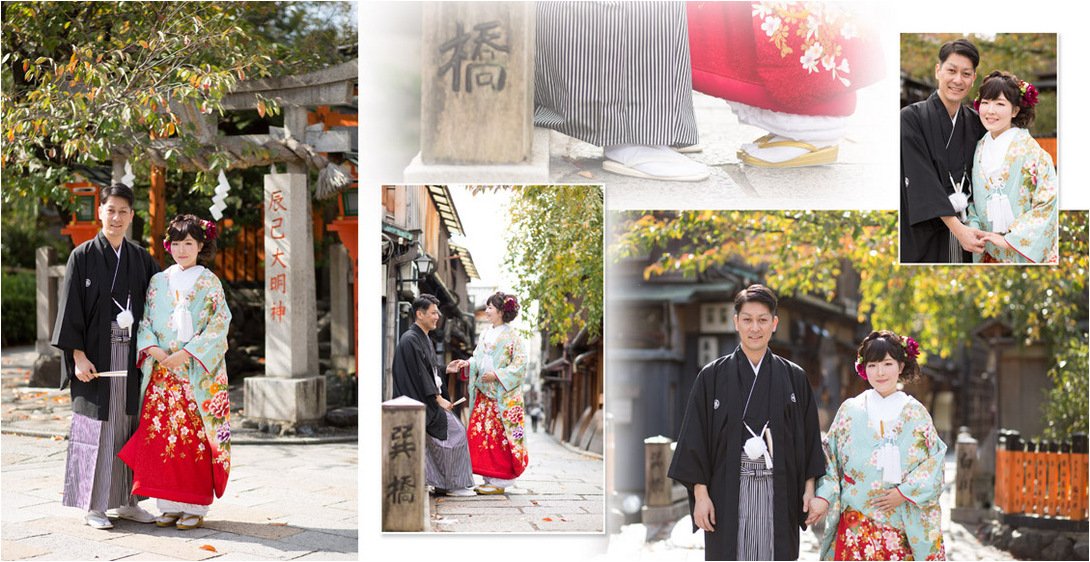 新婦は淡い青から裾に向かって赤へと変わるグラデーションが美しい色打掛、新郎は紋付袴で、京都の街並みに映える装いです。2頁目：結婚式アルバム