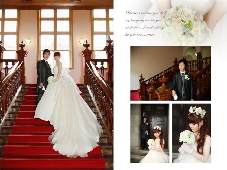 レンガや大階段の細かな装飾は大正ロマンを感じさせる素敵な写真ですね。3頁目：結婚式アルバム