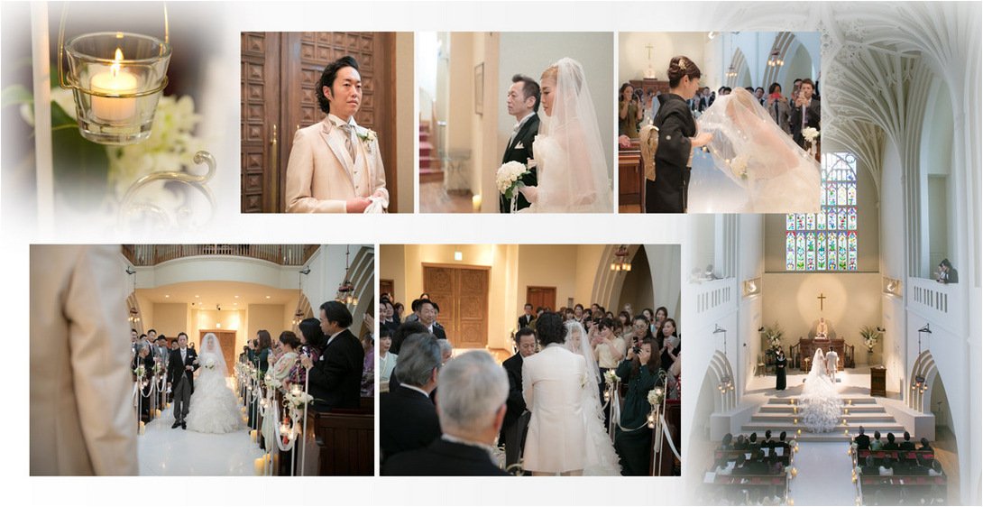 
一転して静岡県浜松市のアビー・ラ・トゥール教会で行われた挙式ではふんわりと広がったチュールのスカートに長いトレーンとまとめ髪でクラシカルに。6頁目：結婚式アルバム