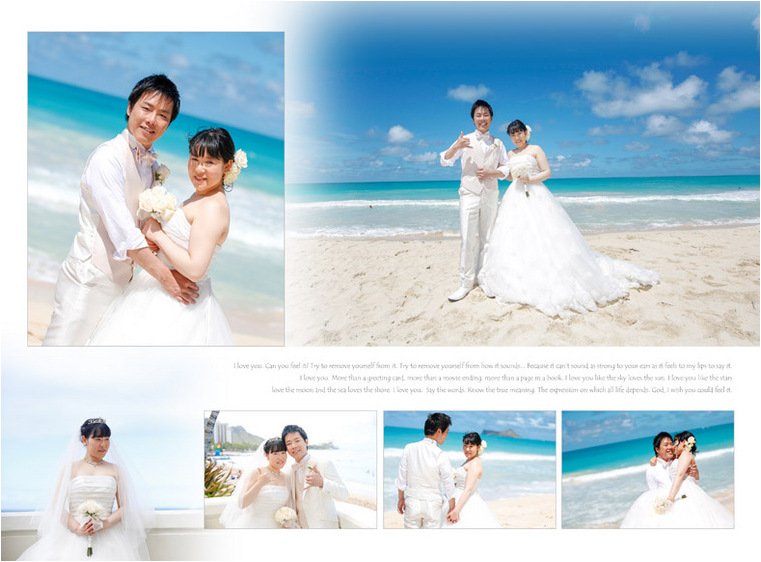 
最後はとびっきり青い空と海が広がる砂浜でのビーチ撮影でしめくくられました。8頁目：結婚式アルバム